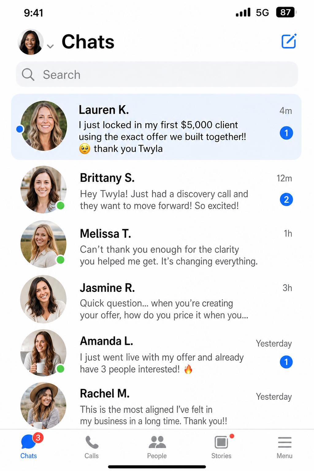 Facebook Messenger inbox screenshot — messages sent to Twyla Martin from immersion attendees
